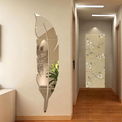 China Waterproof+Eco-friendly 73*18cm Wall Mirror Sticker Feather Pattern Wall Acrylic Sticker Decoration Mirror Effect Home Decor Mirror Painting for sale