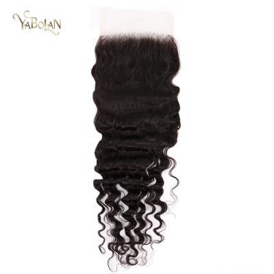 China Hot Sale Small Knots Virgin Hair Lace Closure Deep Wave 4x4 HD Lace Up Closure With Single Knots 44HDDW for sale