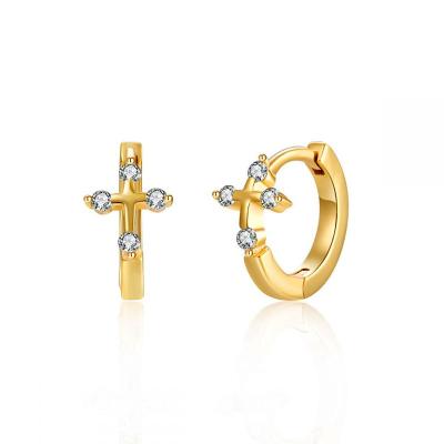 China TRENDY 925 Sterling Silver 18k Gold Plated Minimalist Cross Huggie Zircon Earrings Women Daily Wear for sale