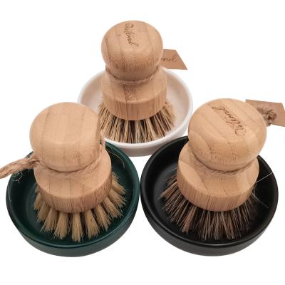 China Hot Selling Customized Viable Cozihome Portable Dish Brush Amazon Kitchen Sisal Pot Bamboo Brush with Ceramic Base for sale