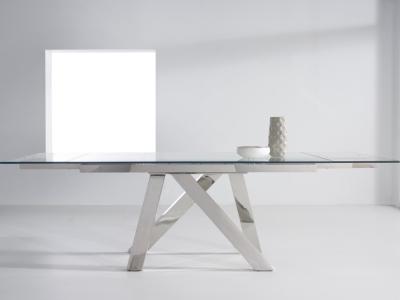 Chine Table à manger en verre trempé extensible de 900 mm de largeur DT-31097 avec jambe en acier inoxydable à vendre