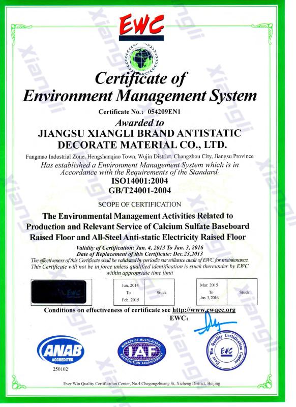 ISO14001 - XIANGLI ANTI-STATIC DECORATIVE MATERIAL CO., LTD. (JIANGSU)