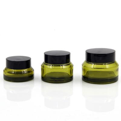 China 2022 Wholesale Cosmetic Container 15ml 30ml 50ml Olive Green Face Hand Cream Empty Glass Slanted Cosmetic Jar for sale