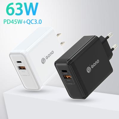 China Universal Home Cell Phone 63W Multi Left Type-C Dual USB Mobile Phone QC3.0 PD Wall Fast Charger For iPhone For MacBook for sale