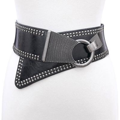 China High quality women leather belts punk style plus size belt personality elastic fashion wild wide waistbands rivet decorated women leather trim belts for dress for sale