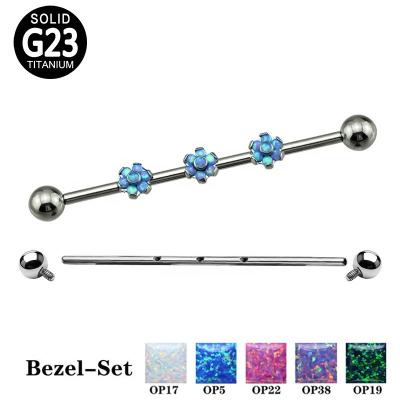 China G23 TRENDY Titanium Triple Opal Stone Blaze Set Flower Internally Threaded Industrial Barbell for sale