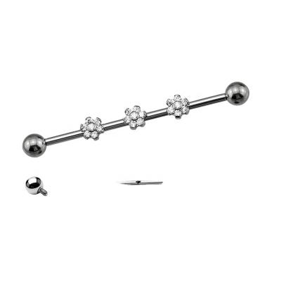 China FASHIONABLE G23 TitaniumTriple CZ Blaze Industrial Barbell Set Flower Internally Threaded for sale