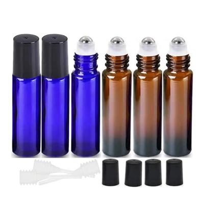 China 10ml Amber Blue Empty Refillable Essential Oil Cosmetic Glass Roll On Bottle With Metal Trackball for sale