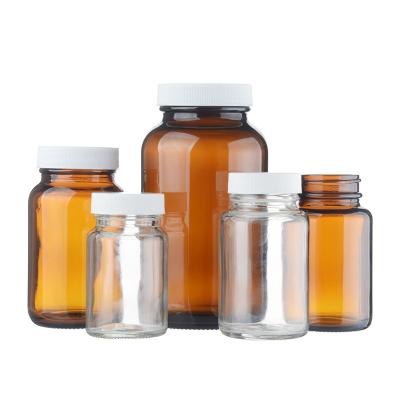 China Amber Clear Capsule Pharmaceutical Medical Medicine 250ml 500ml 8oz 16oz Wide Mouth Glass Pill Bottle Empty With Lids for sale