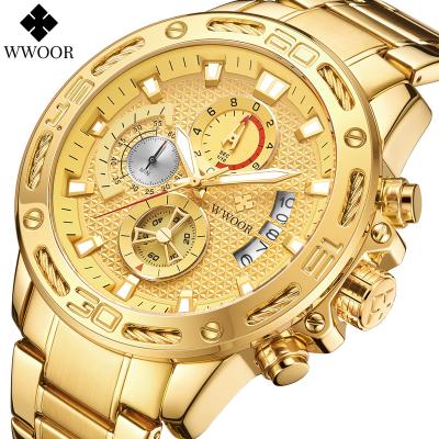 China Top Luxury Gold Date Mens Watches 2020 New WWOOR 8879 Automatic Sport Fashion Luminous Waterproof Wristwatch Male Quartz Hand Watch for sale