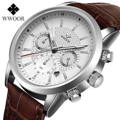 China Automatic Date WWOOR 8845 Mens Watches Quartz Sports Chronograph Watches Relogio Masculino Leather Strap Band Quartz Wristwatches For Men for sale