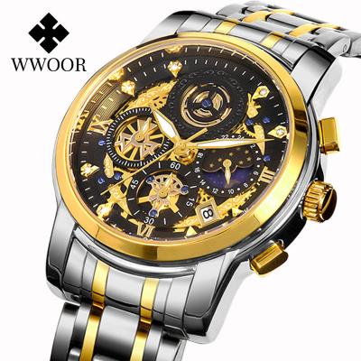 China Creative Auto Date Hollow Out Luminous Design Chronograph Watch Men Moon Phase Hands Data Quartz Business Wristwatches for sale