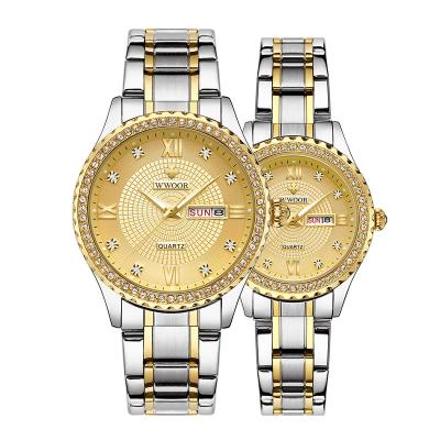 China Automatic Popular Date Gold Design Stainless Steel Strap Chinese Quartz Movt Couples Watches for sale