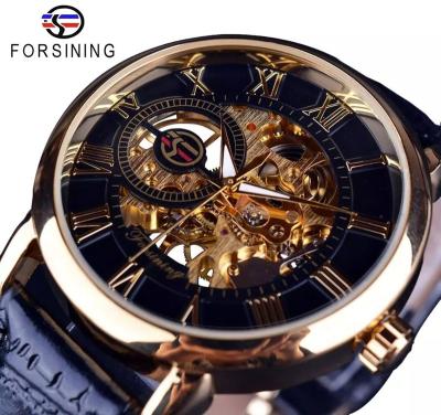 China Non-specific Forsining 3d Logo Design Hollow Engraving Black Gold Case Leather Luxury Brand Heren Clock Skeleton Mechanical Mens Watches for sale