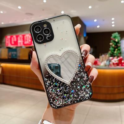 China Shockproof For iPhone 13 Pro Max Phone Case Love Heart PC Tpu Glitter Shell Female Cover With Mirror For iPhone 12 Luxury Case for sale