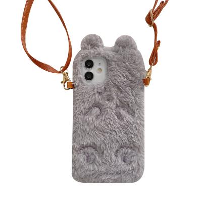 China Cute Plush Mobile Phone Case Shockproof Bear Shell For iPhone 13 12 pro Max Luxury Long Lanyard Bear Mobile Phone Soft Fluffy Cover Woman for sale