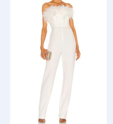 China 2022 Summer OEM Fashion Feather Neck Trim Anti-pilling Crystal And Beading Embellished Plus Size Women Formal Overalls for sale