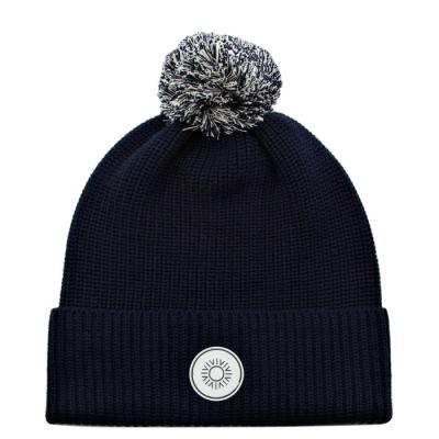 China COMMON Custom Black Pompom Fisherman Knit Beanie Hat With Leather Patch for sale