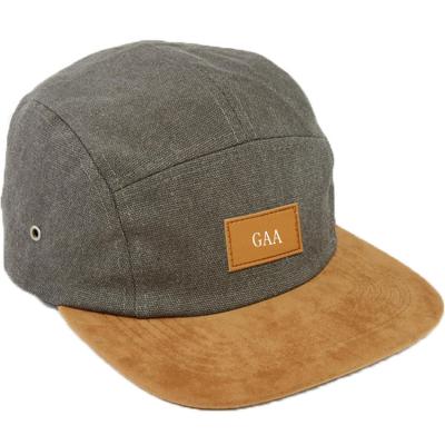 China breathable & Best Selling Custom Leather Patch Waterproof Canvas Hat Camp 5 Panel Hat With Custom Brim for sale