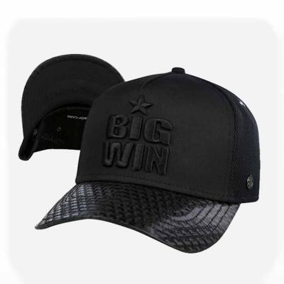 China breathable & Waterproof Fashionable Black Leather Baseball Cap 6 Panel Embroidered Snapback Baseball Cap With Snakeskin Brim for sale