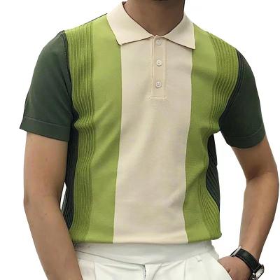 China New Arrival Men's Anti-Wrinkle Short Sleeve Green Slim Stripe Business Knitted Causal Golf Polo Shirt Men for sale