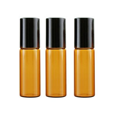 China Wholesale 5ML Cosmetic Roll On Portable Empty Amber Glass Refillable Perfume Bottle Essential Oil Case With Aluminum Cap for sale