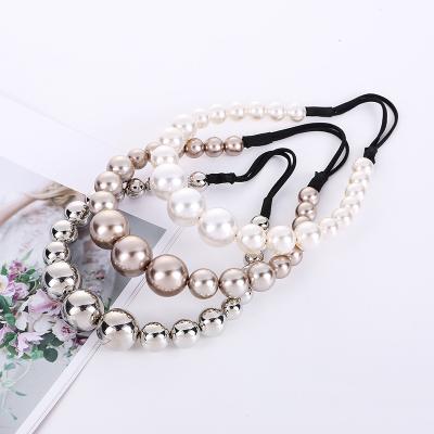 China 2020 Fashionable Big Pearl Beads Headband Amazon Ebay Daily Life Elastic Hairband Forehead Hairband For Women for sale