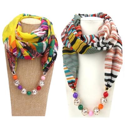 China Chiffon picture printing soft jewelry necklace polyester chiffon decorative scarf with beads for wholesale for sale