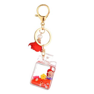 China Plastic Acrylic Creative Little Flower Mermaid Quicksand Bowknot Perfume Bottle Liquid Key Chain for sale