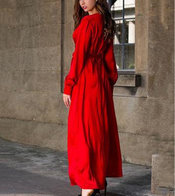 China Anti-Static Casual Dresses Women Autumn Fashion Dresses Long Sheath Chiffon Lace Up Ruffle Maxi Casual Dress for sale