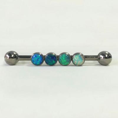 China Titanium 14G Titanium Internally Threaded Industrial Barbell with 4 Bezel Set Cabochon Opal Tops in Center for sale