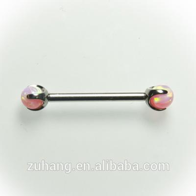 China Titanium Titanium Internally Threaded Nipple Bar Piercing Ring With Double Fork Set Opal Ball for sale