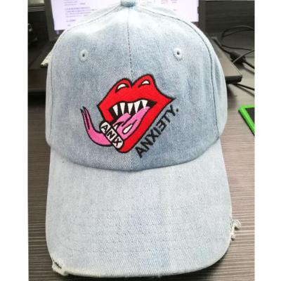 China Custom 6 Panel Vintage JOINT Denim Washed Baseball Cap Embroidered Distressed Curved Unstructured Brim Dad Hat for sale