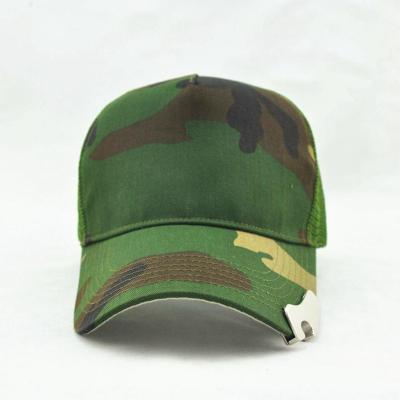 China 5 Panel COMMON Green Mesh Camouflage Trucker Hats With Half Bottle Opener for sale