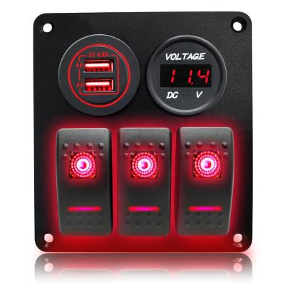 China rv boat marine etc. Car Marine Amomd / Car 3 Strip Led Dual USB 12V Cars Charger Combination Switch Panel Panel With Voltmeter for sale