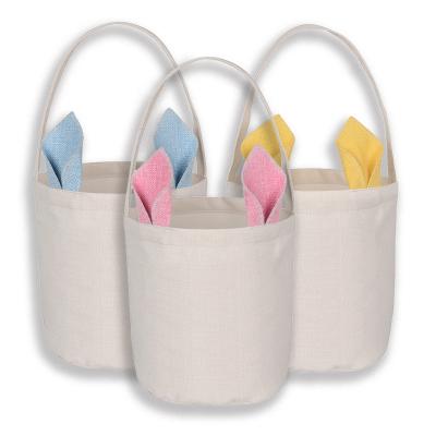 China Easter Bunny Bucket Storage Bags 25*20cm White Easter Customized Canvas Sublimation Easter Basket With Bunny Ear For Kids Gift for sale