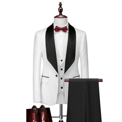 China Anti-Shrink Mens Wedding (Jacket+Vest+Pants) Suits White Jacquard Black Satin Collar Tuxedo 3 Pcs Groom Terno Suits For Men for sale