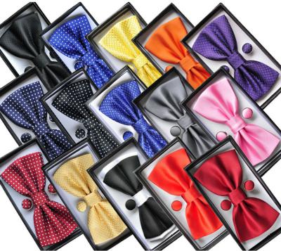 China Imported South Korea Party Wedding Silk Formal Pocket Square Handkerchief Bow Tie Set for sale