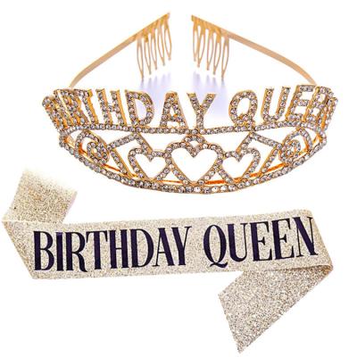 China Popular Birthday Tiara Sash Gold Alloy Rhinestone Girl Birthday Queen Crown Kit For Happy Birthday Party Tiara for sale