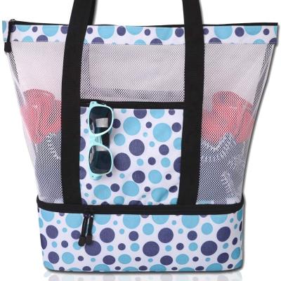 China Popular Polyester Mesh Beach Tote Bag For Women With Detachable Insulated Cooler for sale