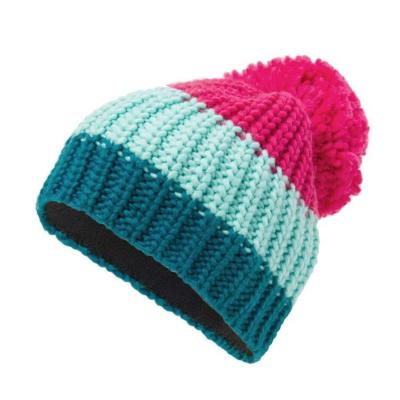 China Warm And Comfortable European Stripe And Block Female Beanie Popular Women Winter Colorful Stripe Knitted Sports Rib Hat Pompom Beanie For for sale