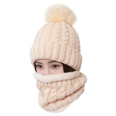 China High Quality 100%ACRYLIC Women's Pom Hat With Winter Warm Slouchy Knit Striped Neck Scarves for sale