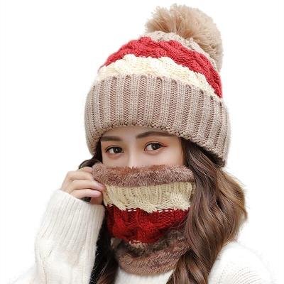 China 2022 New Winter Women's 100%ACRYLIC Shearling Chunky Striped Ladies Soft Pompom Cap Beanie Hat Scarf Set for sale