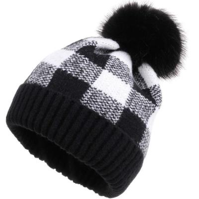 China COMMON Autumn Winter Customized Layer Double Rib Slouchy Beanie Plaid Warm Hat With Fur Pompom For Women for sale