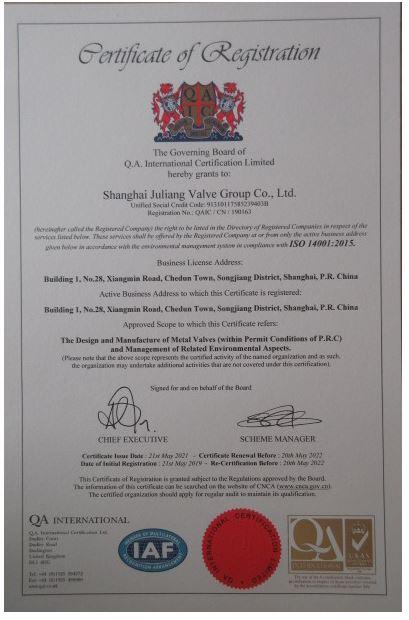 ISO14001 - Shanghai Juliang Valve Group Co., Ltd.