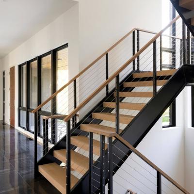 China Contemporary double stringer staircase with timber treads and wire railing for sale