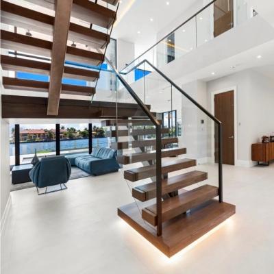 China Stringer Straight Staircase Interior Customized Minimalist Mono Wood Staircase with Glass Railing for sale