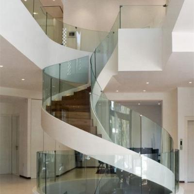 China Contemporary Interior Steel Structure Staircase Laminated Glass Wooden Curved Stairs for sale