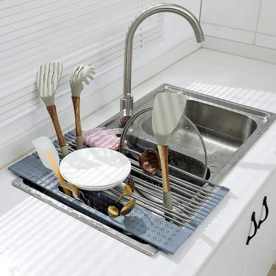 China New Sustainable Kitchen Products Roll Drying Rack Dish Rack Kitchen Dish Drainer Tray Sink Sponge Holder for sale