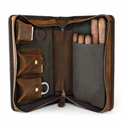 China High Quality Genuine Leather Portable Travel Zipper Cigar Case Box Humidor Cigar Pocket Daily for sale